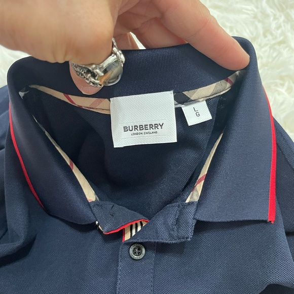 Like New Men’s Size Large Burberry Icon Stripes Walton Polo Shirt In Dark Navy - Picture 10 of 15